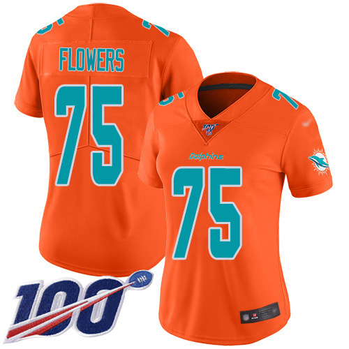 Nike Miami Dolphins #75 Ereck Flowers Orange Women Stitched NFL Limited Inverted Legend 100th Season Jersey->women nfl jersey->Women Jersey